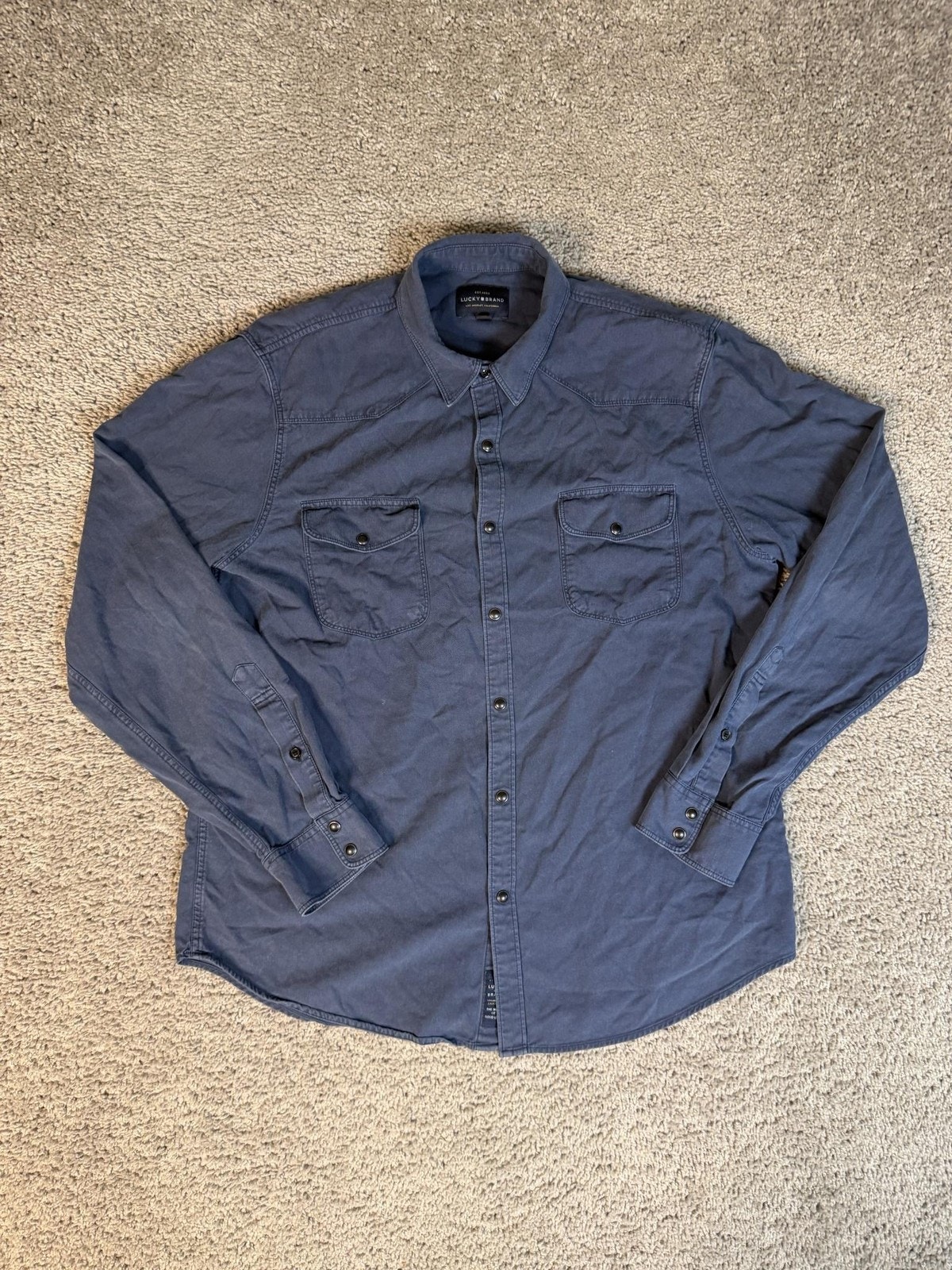 Lucky Brand Shirt Mens L Blue Long Sleeve Snap Button Up Twill Pockets Casual